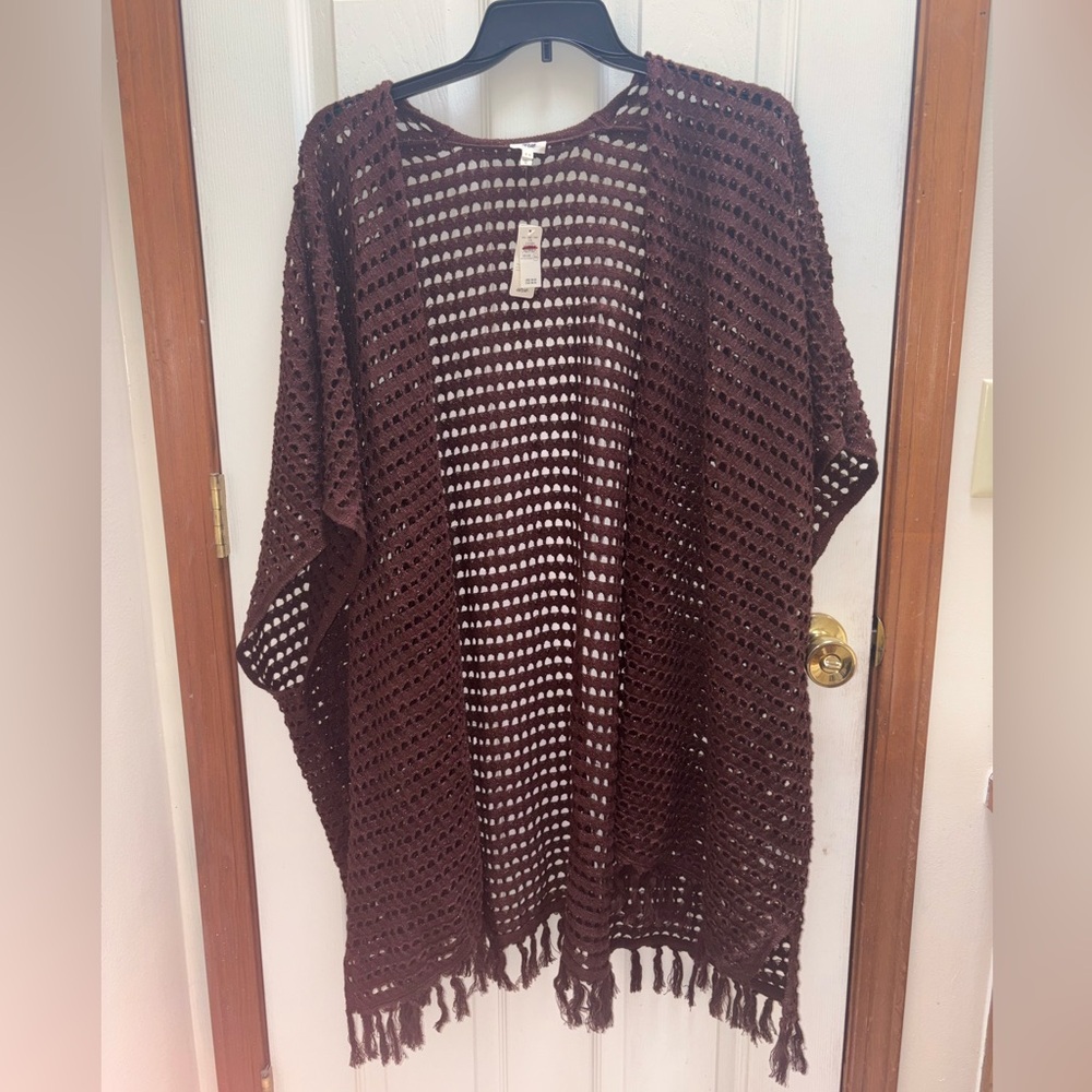 aerie Brown Open-Knit Crochet Kimono